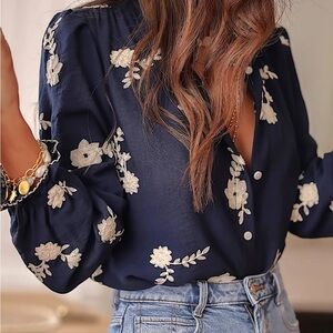 Floral Embroidered Navy Blouse